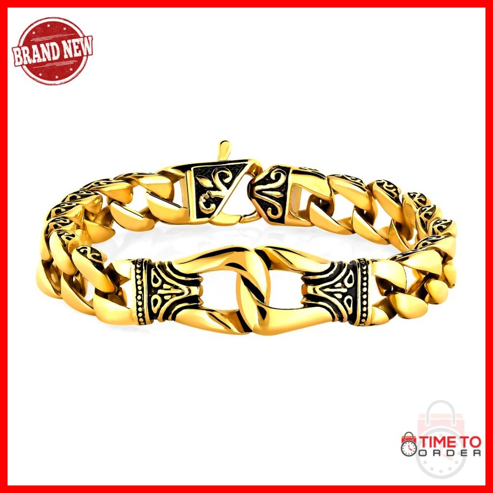 Men's 24K Gold Plated Fleur De Lis Link Bracelet, Heavy Chain, 8.5-9 Inch